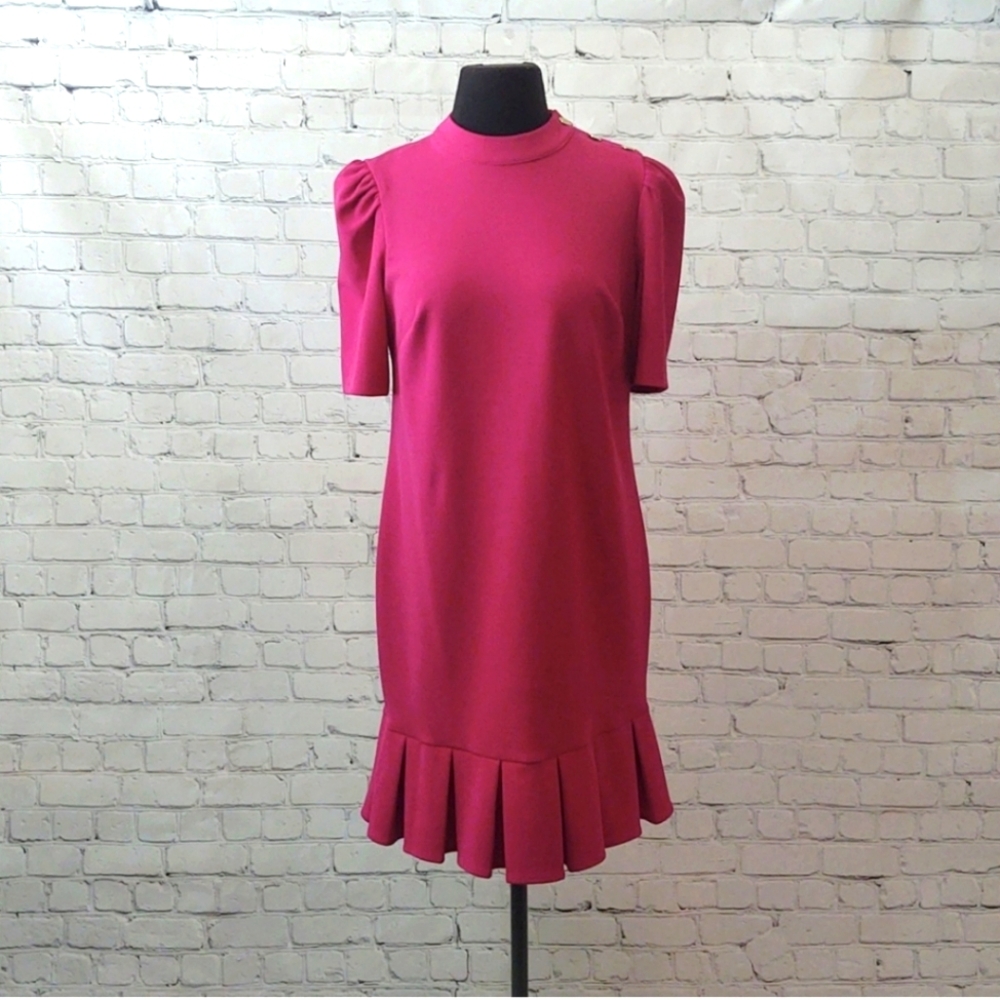 DKNY Size 8 Pink Puff Sleeve Pleated Shift Dress